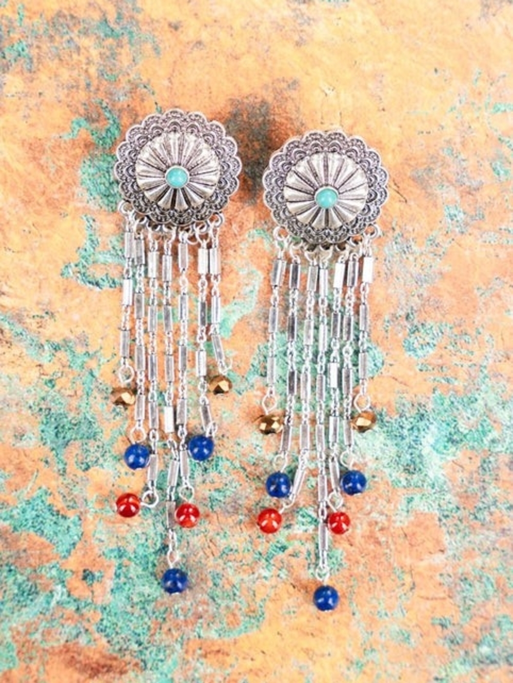 Silver-Tone Fringe Earrings with Turquoise, Blue and Red Beads
